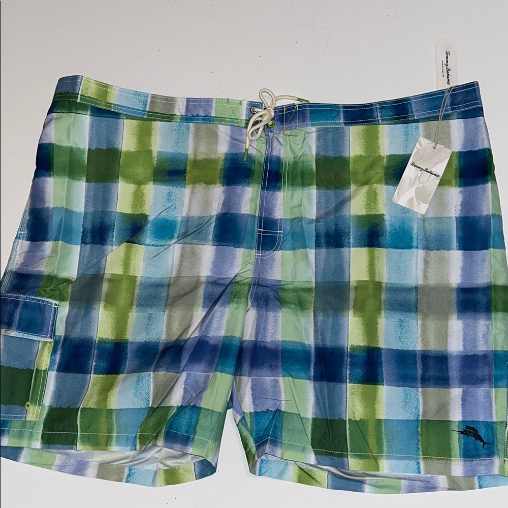 Tommy Bahama Mens 4XLB Blue green Plaid Swim Trunks 4XL cargo brief liner UV $99